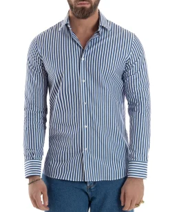 Camicia uomo cotone collo francese slim fit righe bastoncino medio blu GIOSAL-C2918A