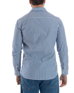 Camicia uomo cotone collo francese slim fit righe bastoncino medio blu GIOSAL-C2918A