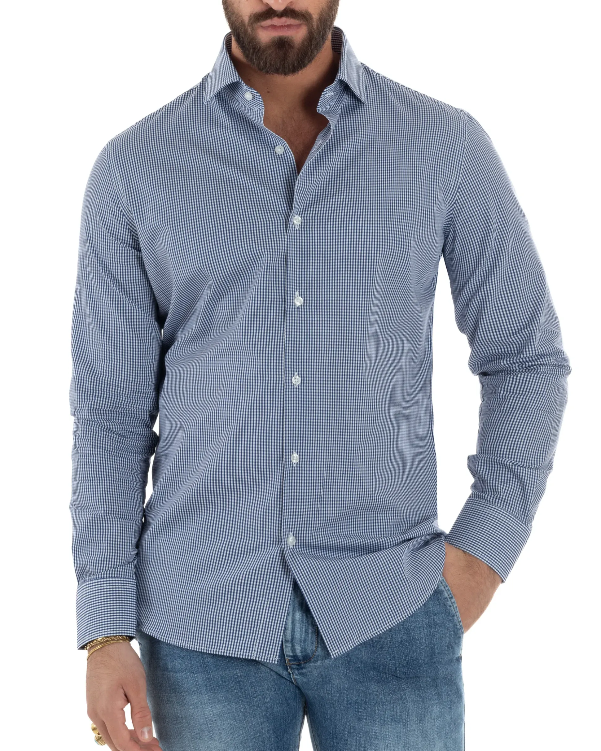 Camicia uomo cotone collo francese slim fit quadretti blu GIOSAL-C3070A