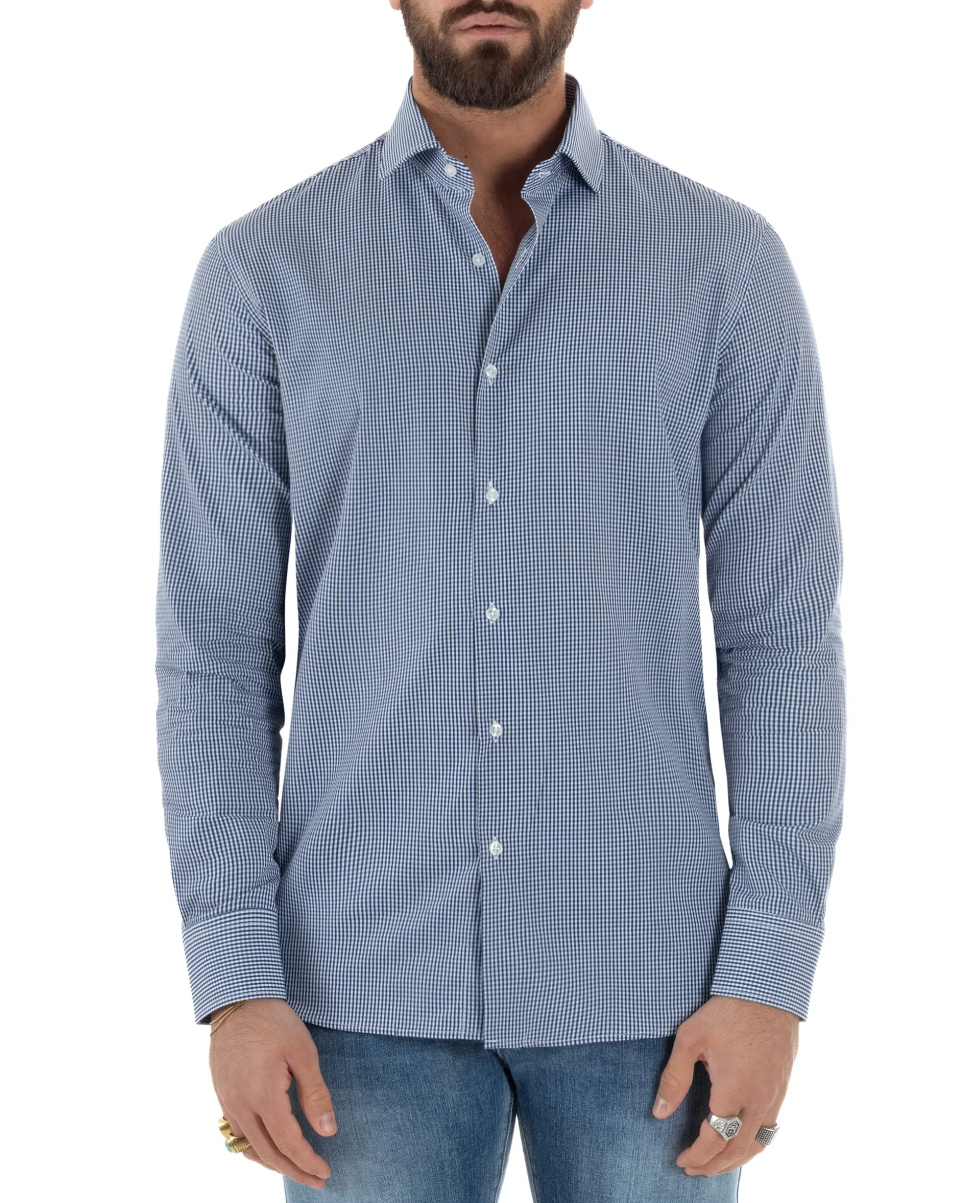 Camicia uomo cotone collo francese slim fit quadretti blu GIOSAL-C3070A