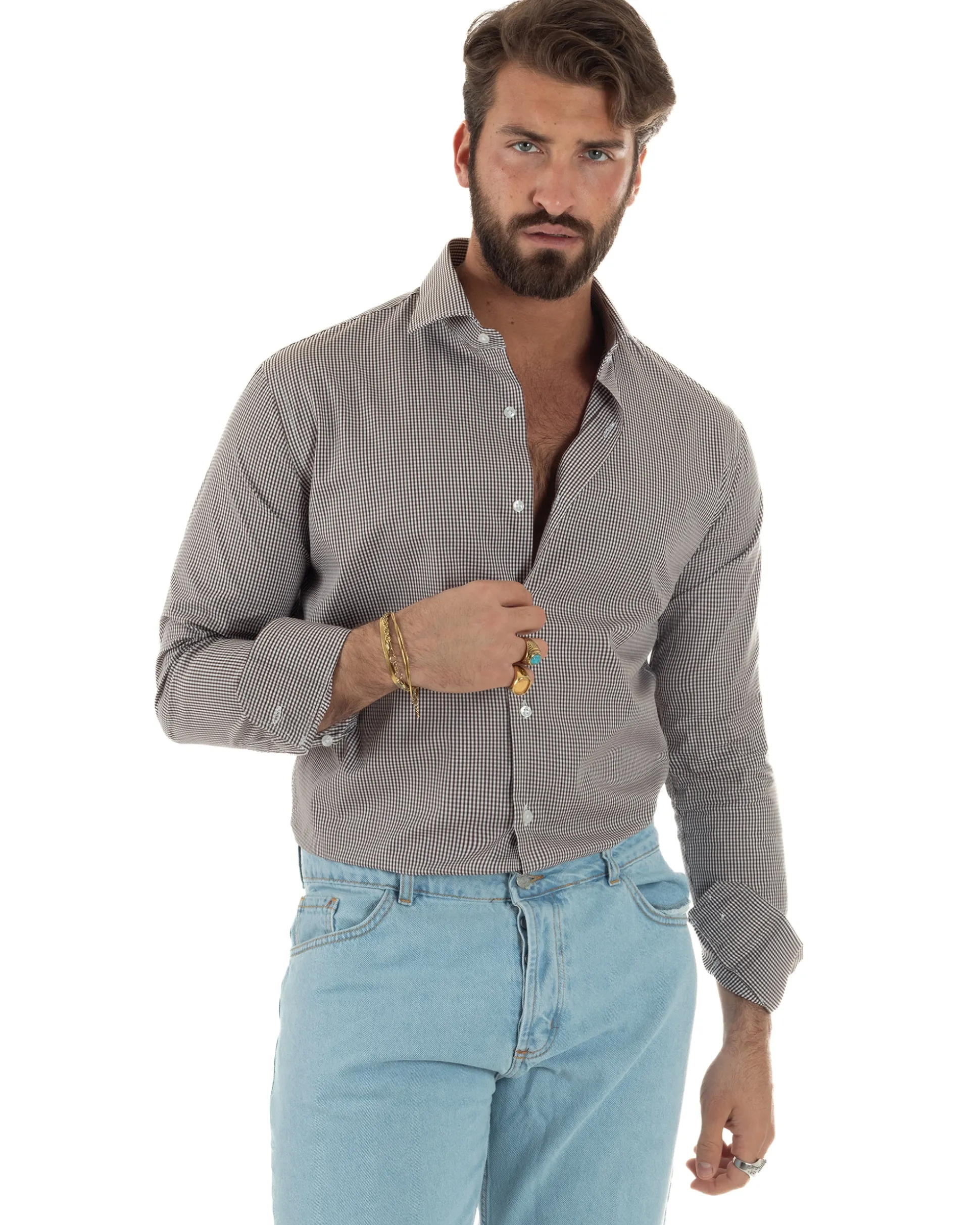 Camicia uomo cotone collo francese slim fit quadretti marrone GIOSAL-C3069A