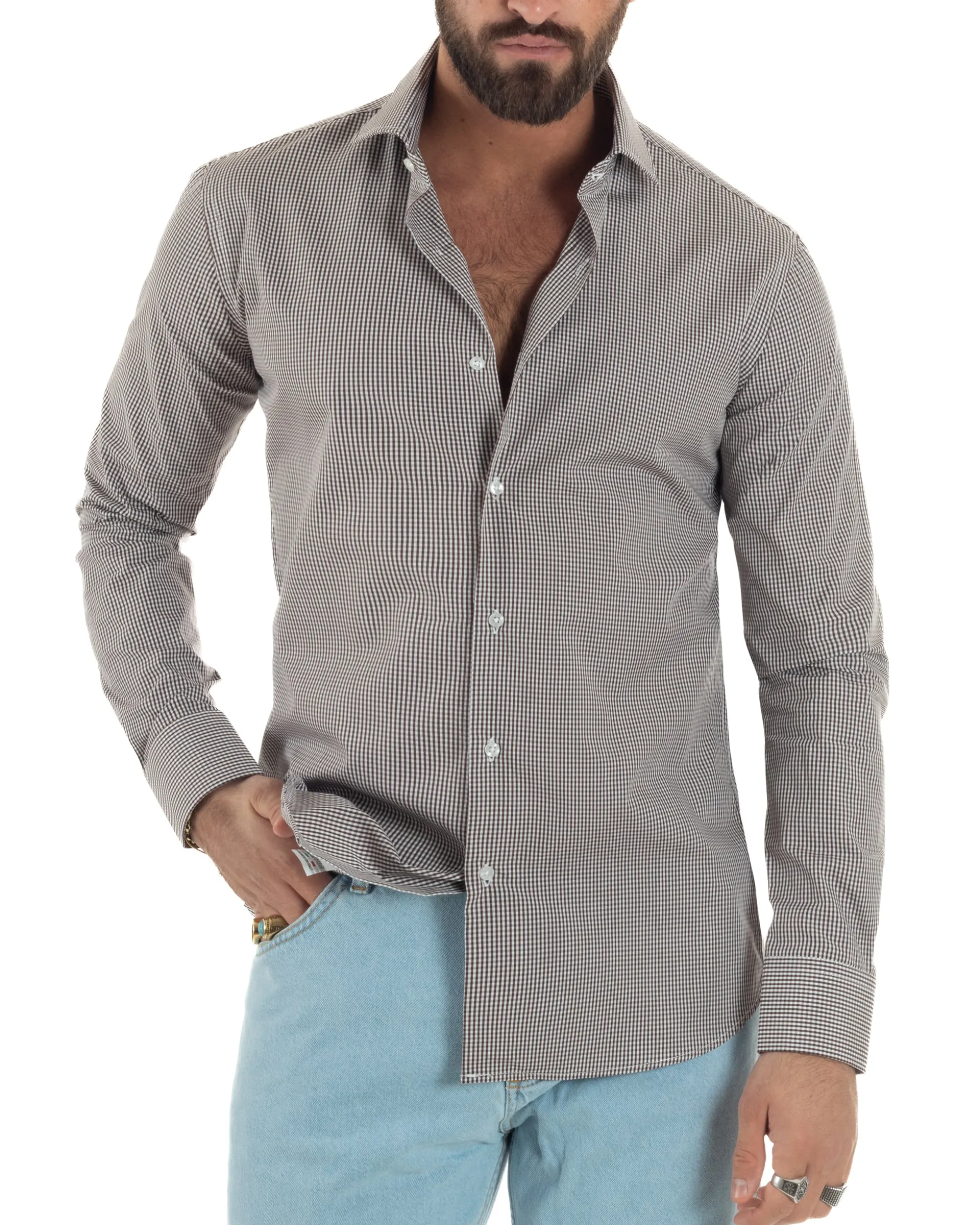 Camicia uomo cotone collo francese slim fit quadretti marrone GIOSAL-C3069A