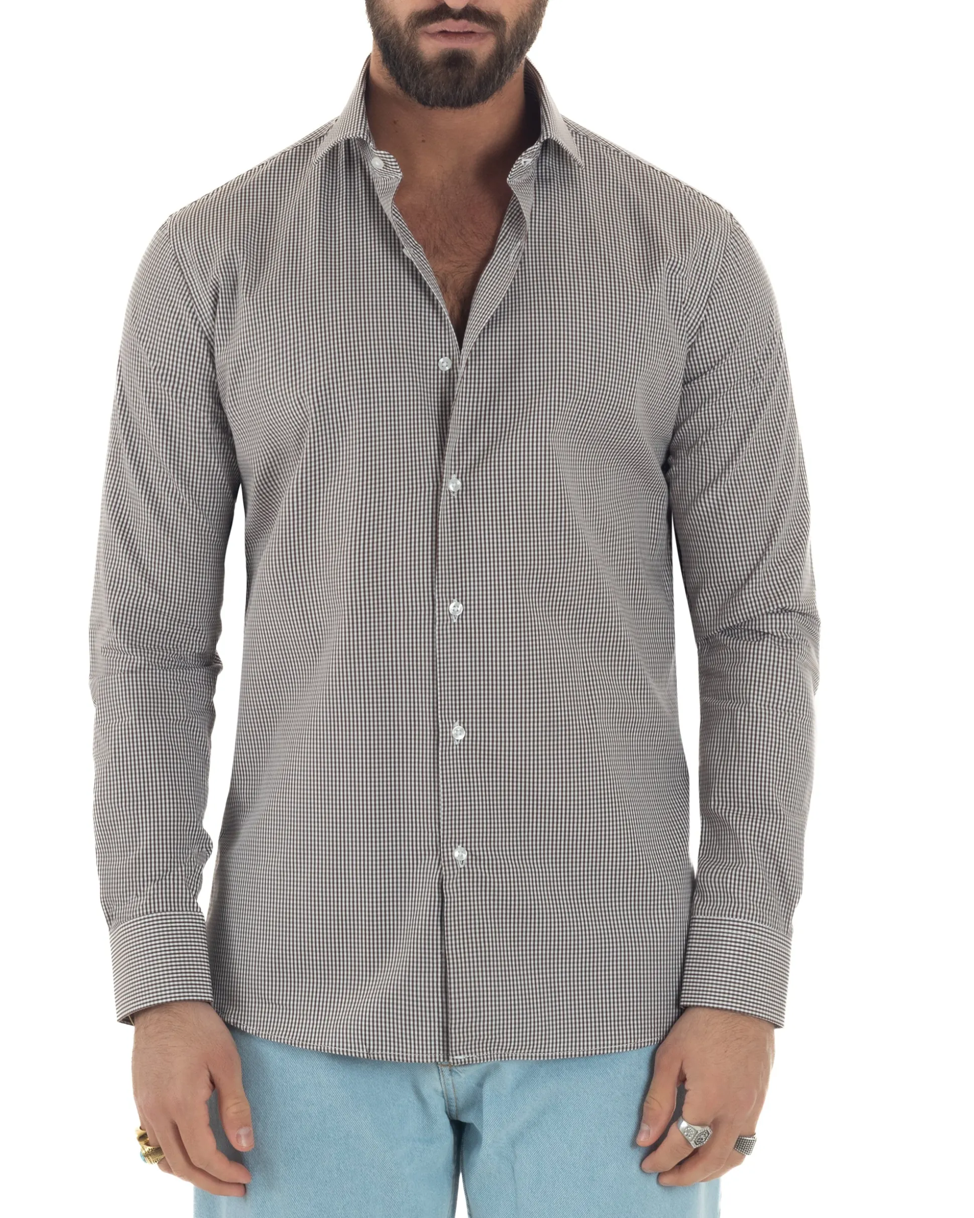 Camicia uomo cotone collo francese slim fit quadretti marrone GIOSAL-C3069A