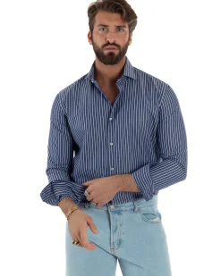 Camicia uomo cotone collo francese slim fit righe bastoncino medio bicolore blu bianco GIOSAL-C3068A