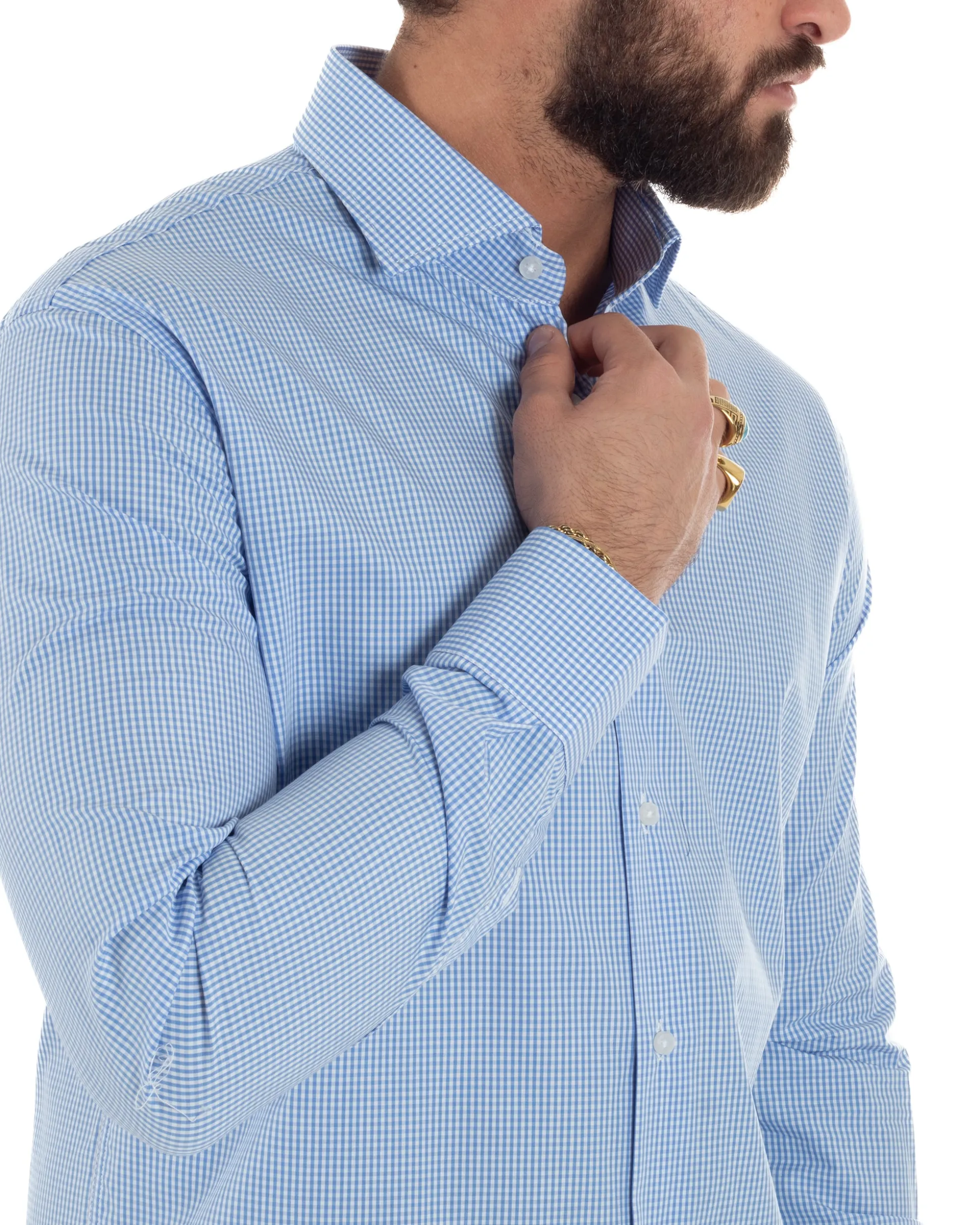Camicia uomo cotone collo francese slim fit quadretti celeste GIOSAL-C3072A