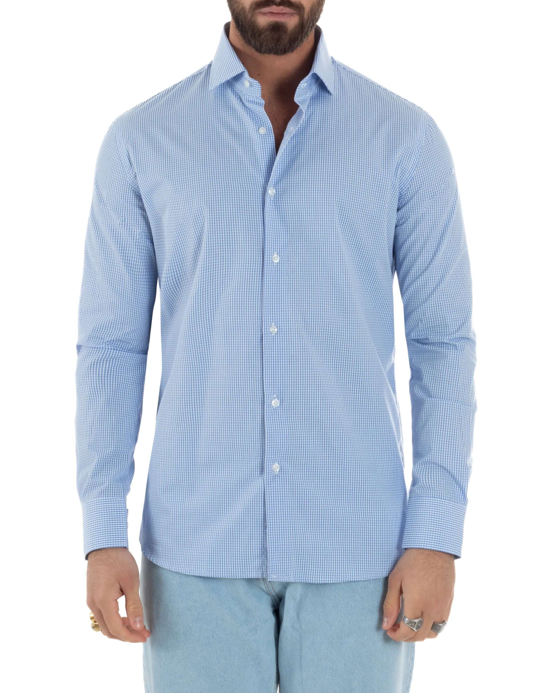 Camicia uomo cotone collo francese slim fit quadretti celeste GIOSAL-C3072A