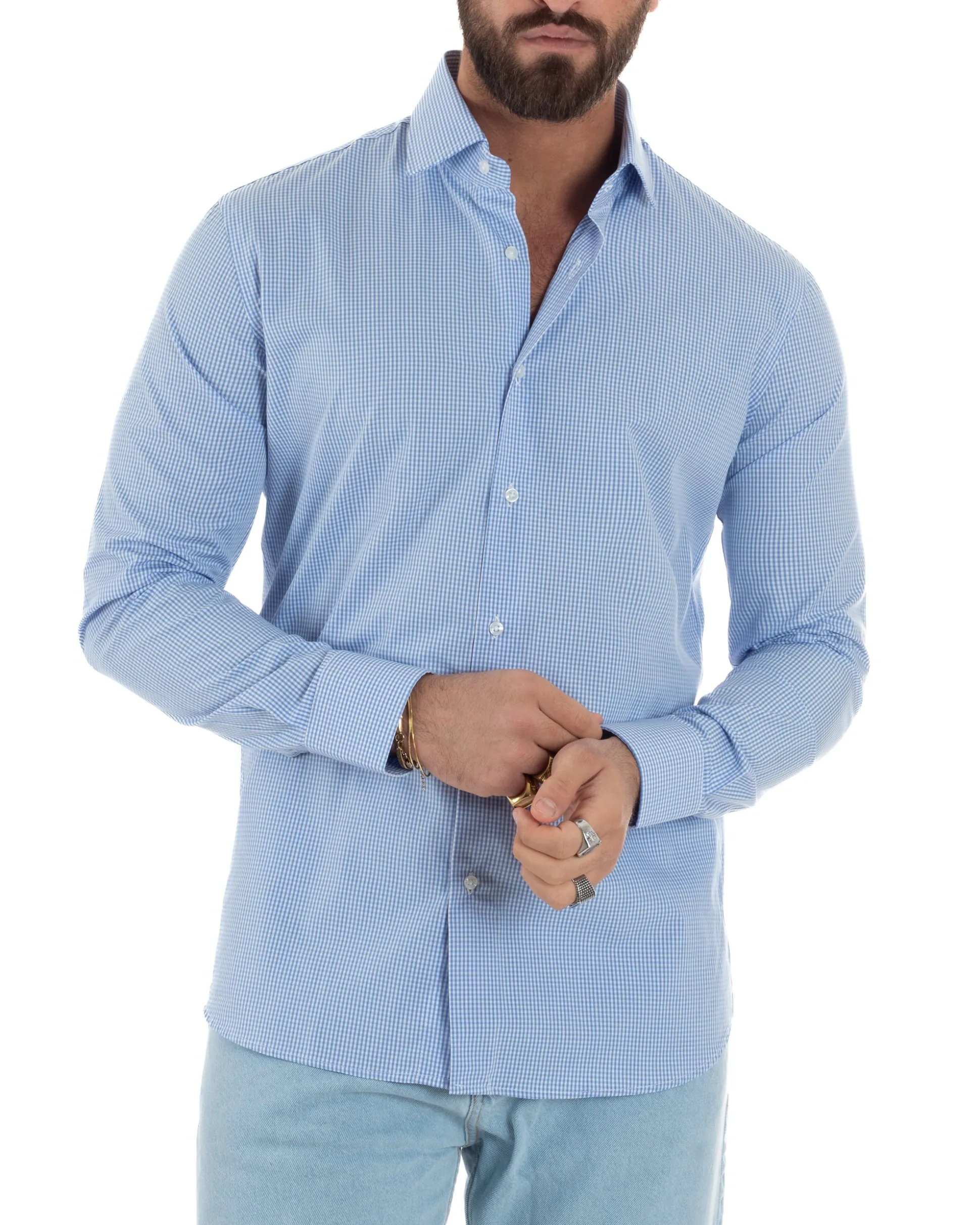 Camicia uomo cotone collo francese slim fit quadretti celeste GIOSAL-C3072A