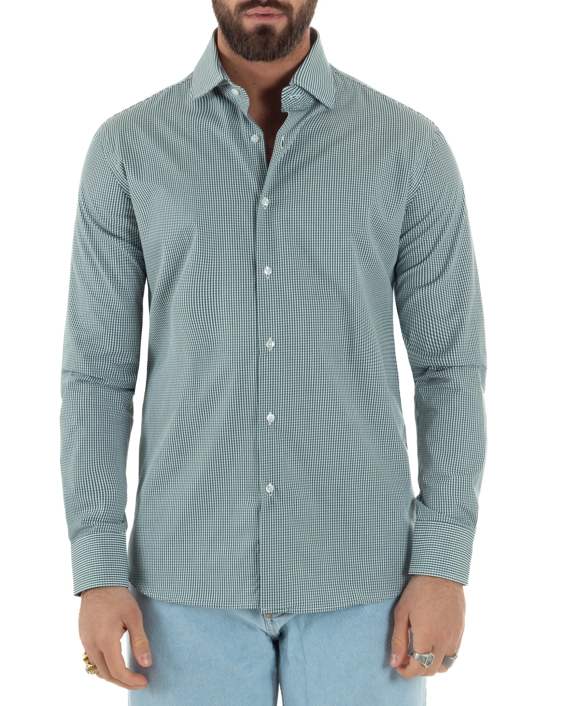 Camicia uomo cotone collo francese slim fit quadretti verde GIOSAL-C3071A