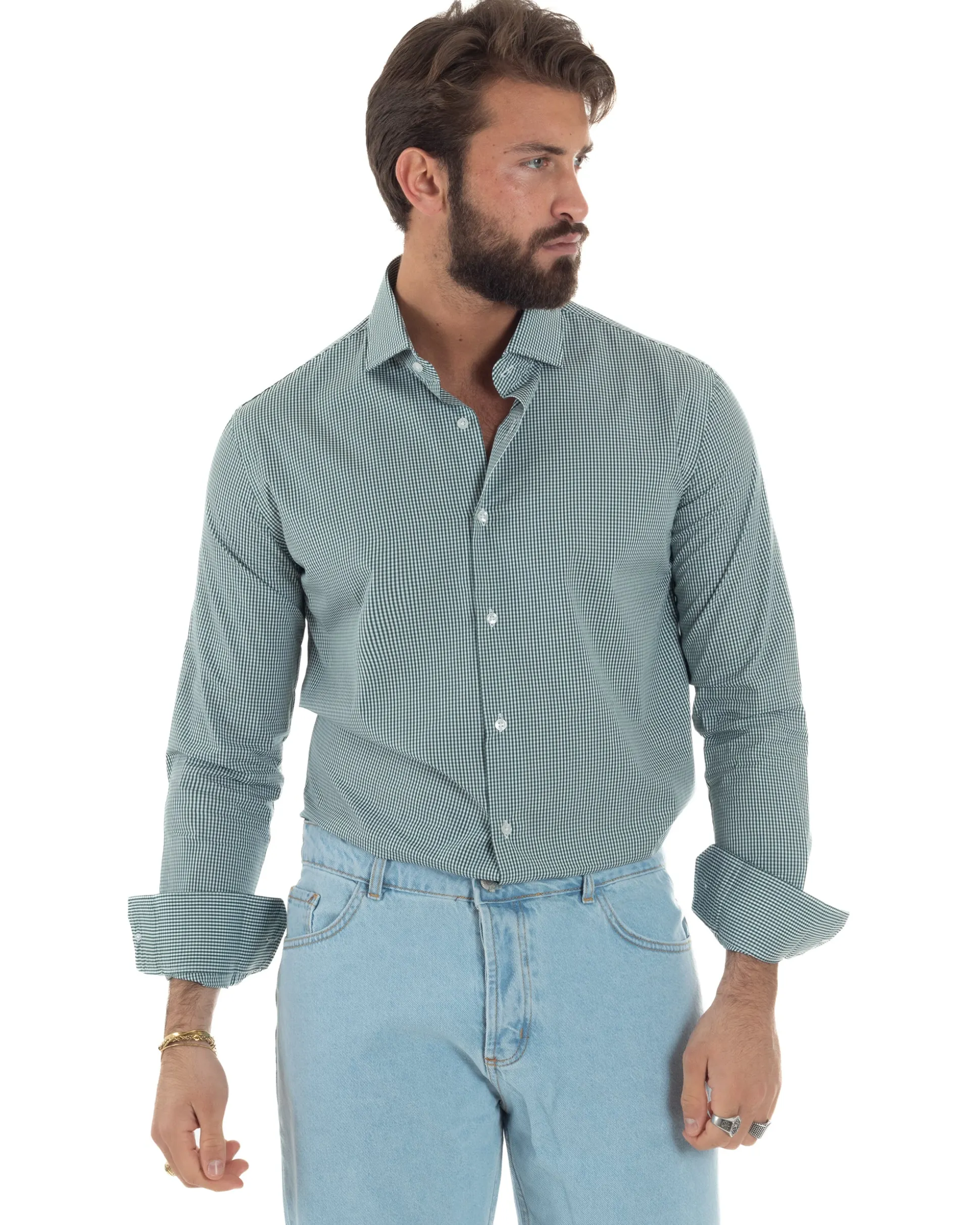 Camicia uomo cotone collo francese slim fit quadretti verde GIOSAL-C3071A