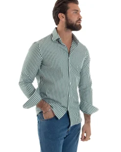 Camicia uomo cotone collo francese slim fit righe bastoncino medio verde GIOSAL-C2921A