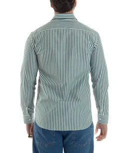 Camicia uomo cotone collo francese slim fit righe bastoncino medio verde GIOSAL-C2921A