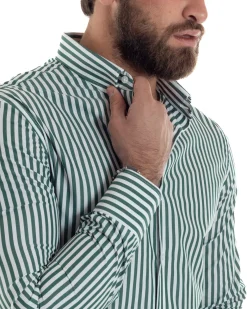 Camicia uomo cotone collo francese slim fit righe bastoncino medio verde GIOSAL-C2921A