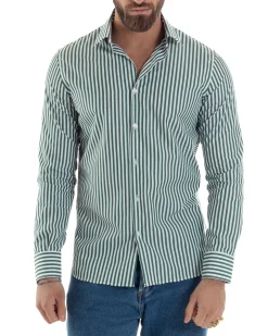 Camicia uomo cotone collo francese slim fit righe bastoncino medio verde GIOSAL-C2921A
