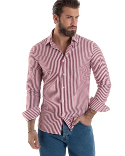 Camicia uomo cotone collo francese slim fit righe bastoncino medio rosso GIOSAL-C2917A