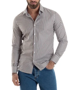 Camicia uomo cotone collo francese slim fit righe bastoncino medio marrone GIOSAL-C2920A