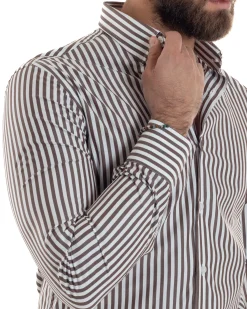 Camicia uomo cotone collo francese slim fit righe bastoncino medio marrone GIOSAL-C2920A