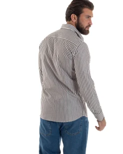Camicia uomo cotone collo francese slim fit righe bastoncino medio marrone GIOSAL-C2920A