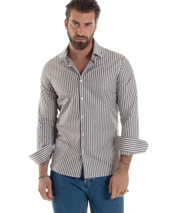 Camicia uomo cotone collo francese slim fit righe bastoncino medio marrone GIOSAL-C2920A