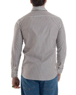 Camicia uomo cotone collo francese slim fit righe bastoncino medio marrone GIOSAL-C2920A