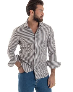 Camicia uomo cotone collo francese slim fit righe bastoncino medio marrone GIOSAL-C2920A