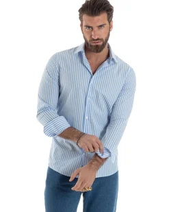 Camicia uomo cotone collo francese slim fit righe bastoncino medio celeste GIOSAL-C2919A