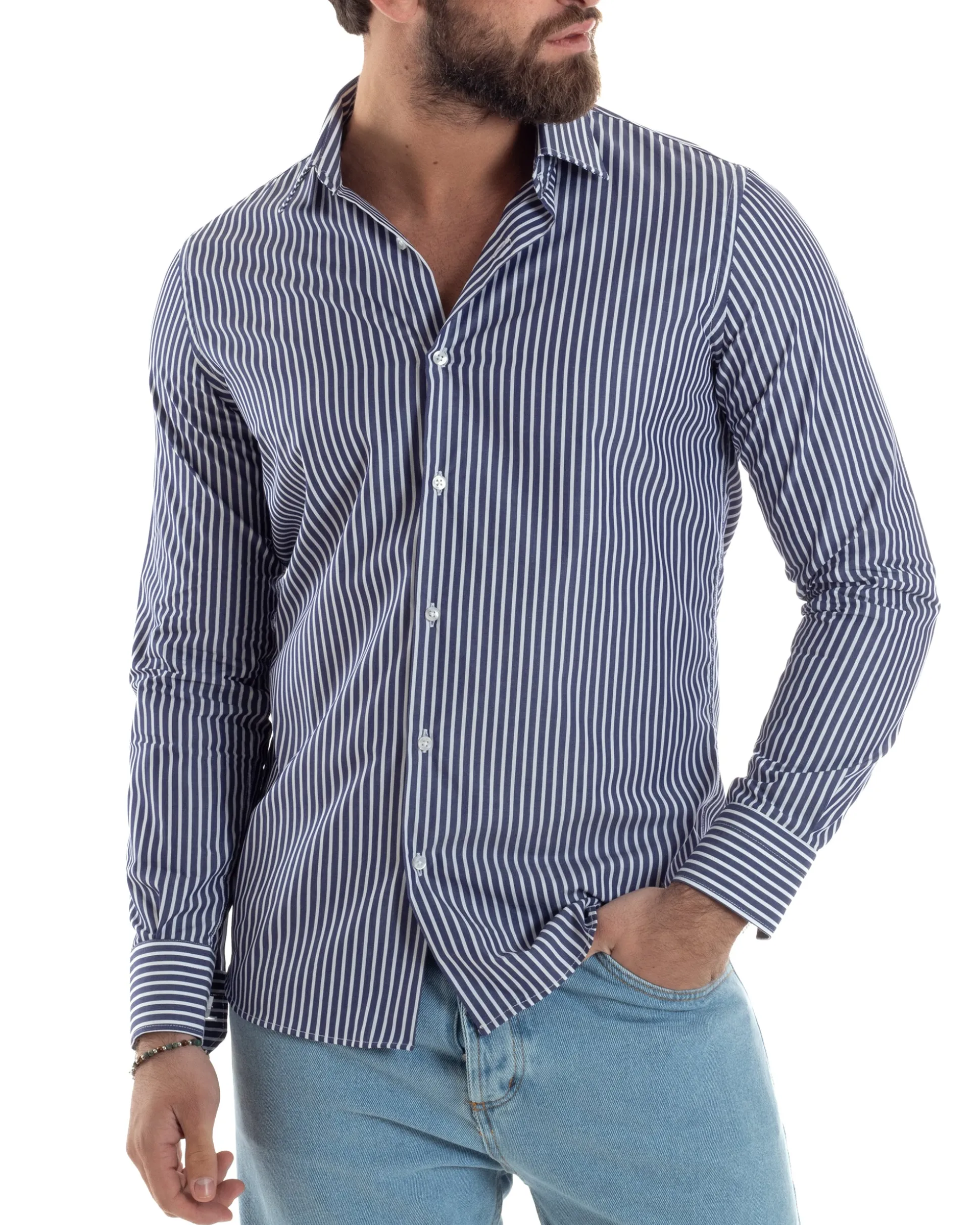 Camicia uomo cotone collo francese slim fit righe bastoncino medio bicolore blu bianco GIOSAL-C2922A