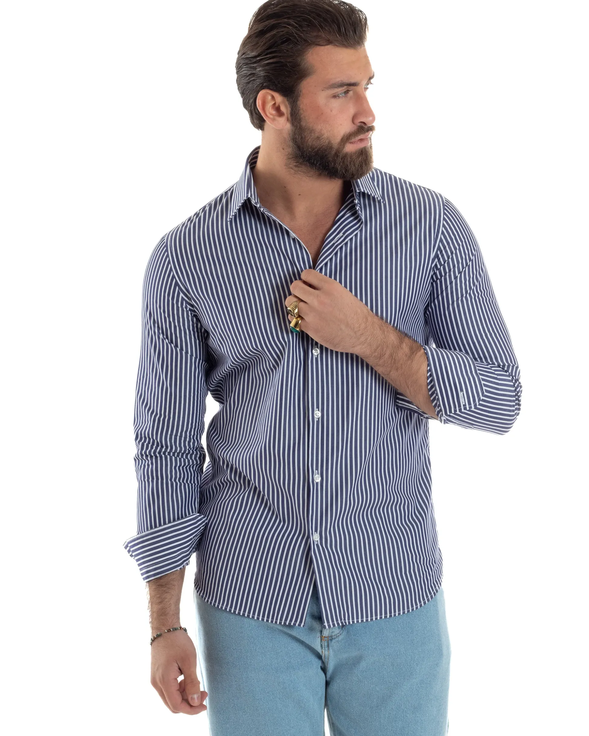 Camicia uomo cotone collo francese slim fit righe bastoncino medio bicolore blu bianco GIOSAL-C2922A