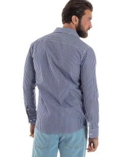 Camicia uomo cotone collo francese slim fit righe bastoncino medio bicolore blu bianco GIOSAL-C2922A
