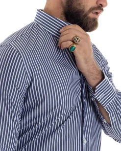 Camicia uomo cotone collo francese slim fit righe bastoncino medio bicolore blu bianco GIOSAL-C2922A