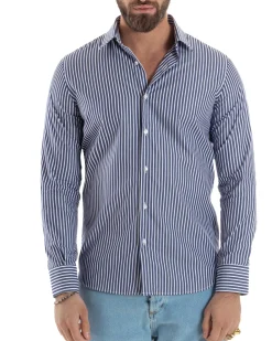 Camicia uomo cotone collo francese slim fit righe bastoncino medio bicolore blu bianco GIOSAL-C2922A