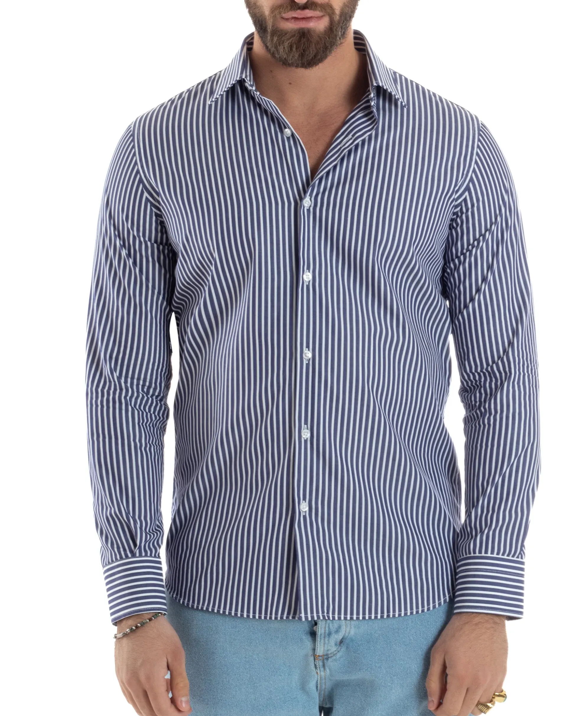 Camicia uomo cotone collo francese slim fit righe bastoncino medio bicolore blu bianco GIOSAL-C2922A