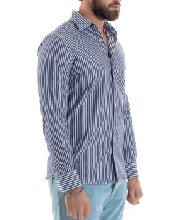 Camicia uomo cotone collo francese slim fit righe bastoncino medio bicolore blu bianco GIOSAL-C2922A