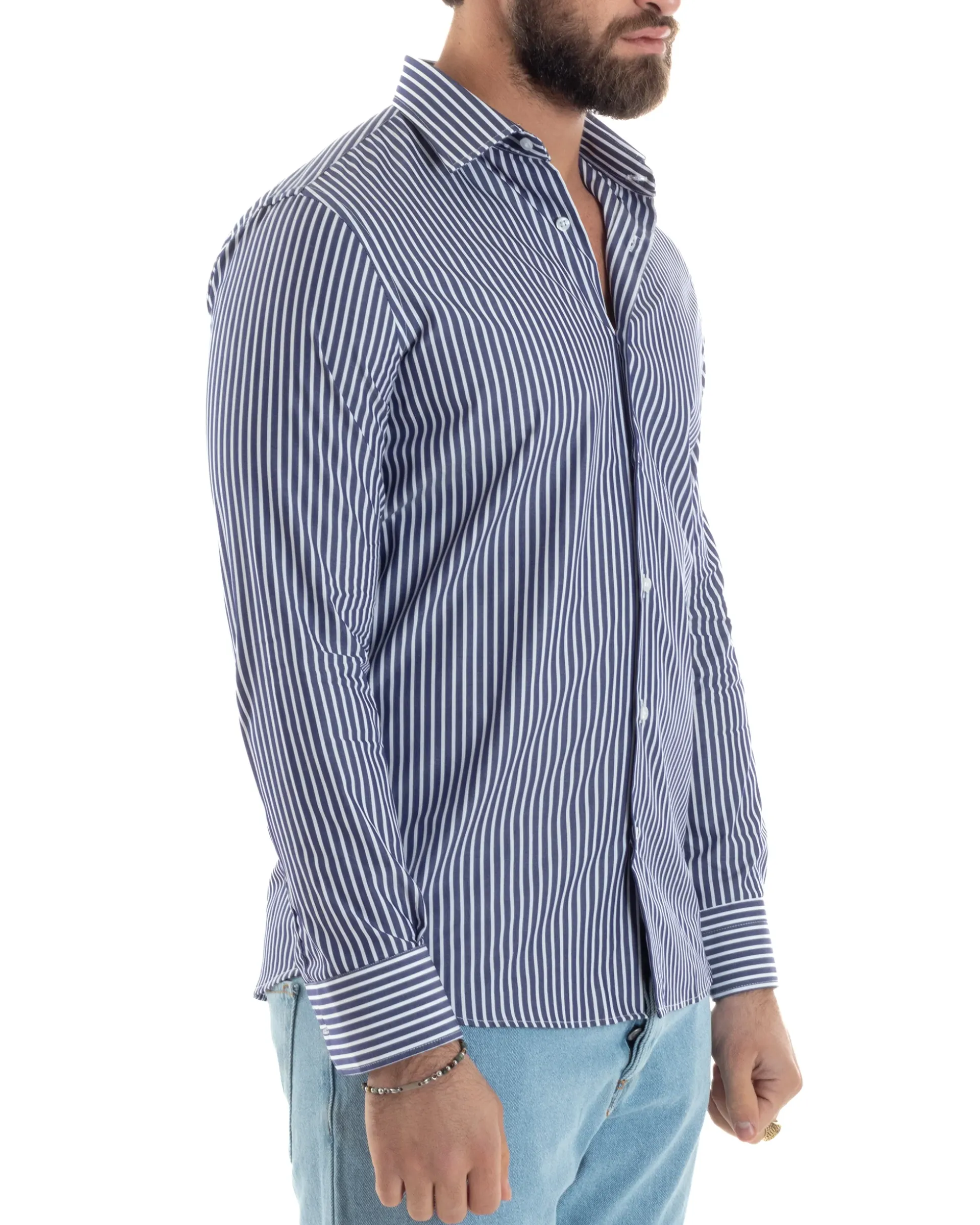 Camicia uomo cotone collo francese slim fit righe bastoncino medio bicolore blu bianco GIOSAL-C2922A