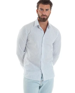Camicia uomo cotone collo francese slim fit rigata sottile celeste GIOSAL-C2916A