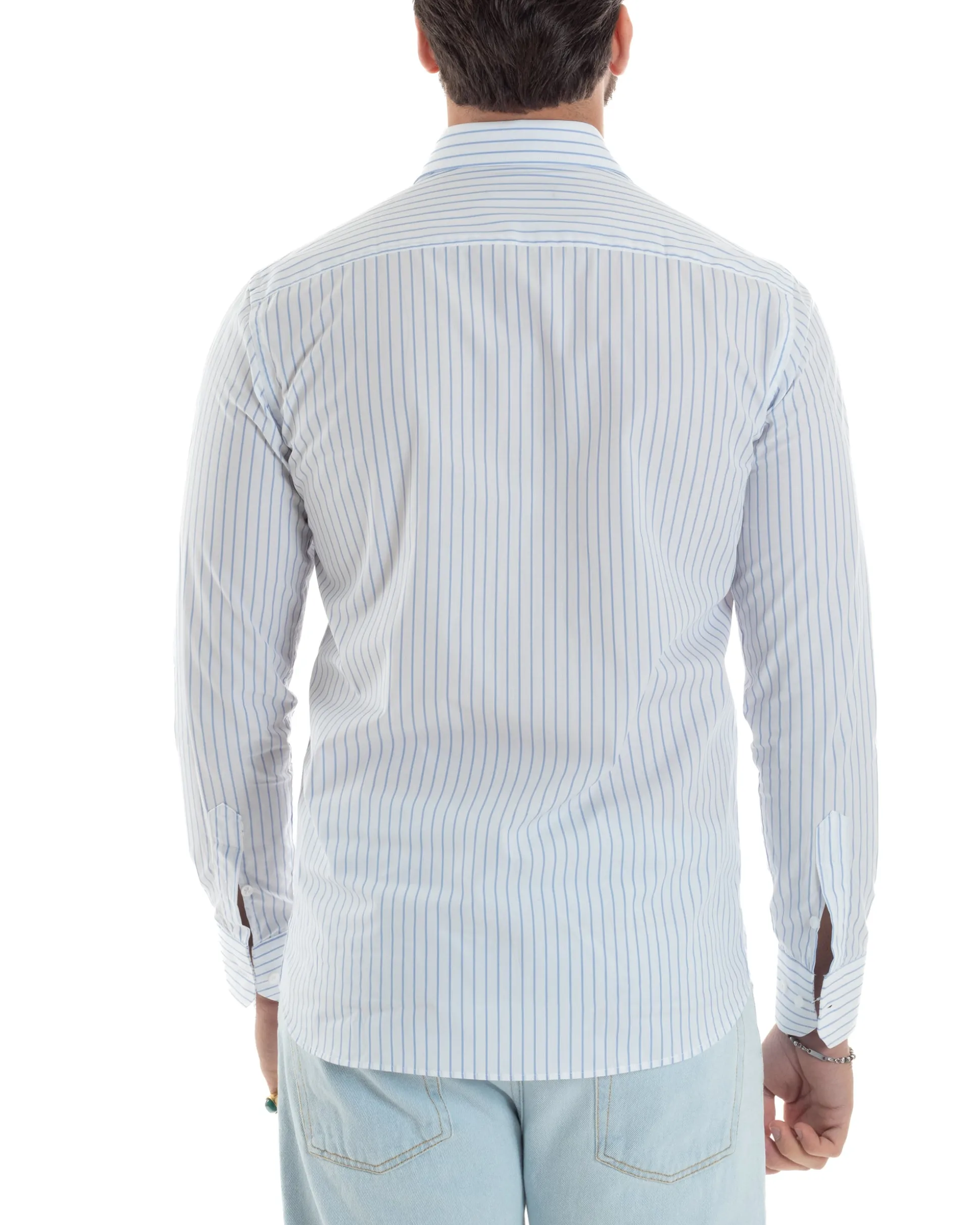 Camicia uomo cotone collo francese slim fit rigata sottile celeste GIOSAL-C2916A