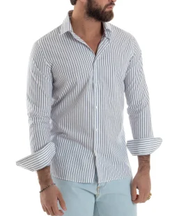 Camicia uomo cotone collo francese slim fit rigata sottile blu GIOSAL-C2915A