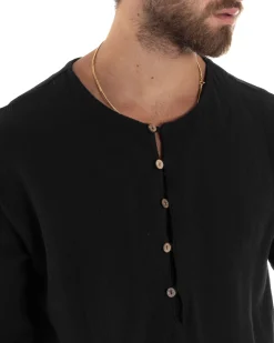 Camicia Uomo Cotone Collo Serafino Scollo Rotondo Bottoncini Nero GIOSAL-C2870A