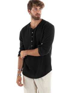 Camicia Uomo Cotone Collo Serafino Scollo Rotondo Bottoncini Nero GIOSAL-C2870A