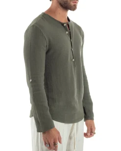 Camicia Uomo Cotone Collo Serafino Scollo Rotondo Bottoncini Verde GIOSAL-C2974A