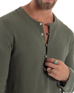 Camicia Uomo Cotone Collo Serafino Scollo Rotondo Bottoncini Verde GIOSAL-C2974A