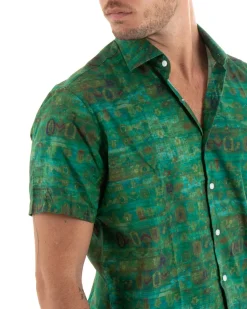 Camicia Uomo Cotone Manica Corta Colletto Fantasia Etnica Casual Verde GIOSAL-CC1189A