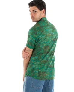 Camicia Uomo Cotone Manica Corta Colletto Fantasia Etnica Casual Verde GIOSAL-CC1189A