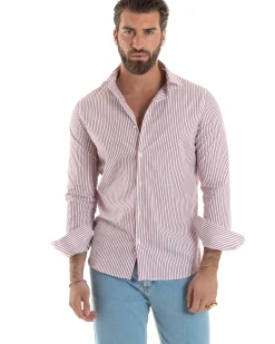 Camicia uomo cotone slim fit collo francese righe bastoncino sottile rosso GIOSAL-C2913A