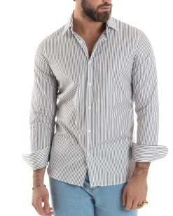 Camicia uomo cotone slim fit collo francese righe bastoncino sottile marrone GIOSAL-C2914A