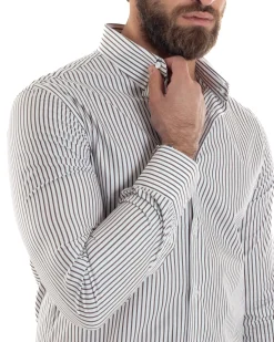 Camicia uomo cotone slim fit collo francese righe bastoncino sottile marrone GIOSAL-C2914A