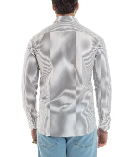 Camicia uomo cotone slim fit collo francese righe bastoncino sottile marrone GIOSAL-C2914A