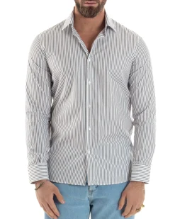 Camicia uomo cotone slim fit collo francese righe bastoncino sottile marrone GIOSAL-C2914A