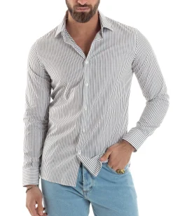 Camicia uomo cotone slim fit collo francese righe bastoncino sottile marrone GIOSAL-C2914A