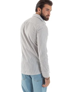 Camicia uomo cotone slim fit collo francese righe bastoncino sottile marrone GIOSAL-C2914A