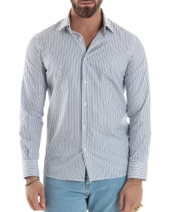 Camicia uomo cotone slim fit collo francese righe bastoncino sottile blu GIOSAL-C2912A